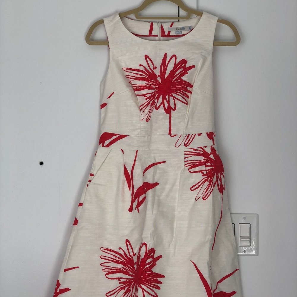 Boden White Red Flower Garden Party Dress Cute